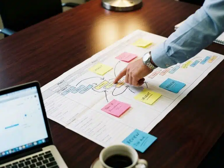 Projektmanager zeigt auf vernetzte Aufgaben eines Gantt-Diagramms mit bunten Notizen auf Konferenztisch