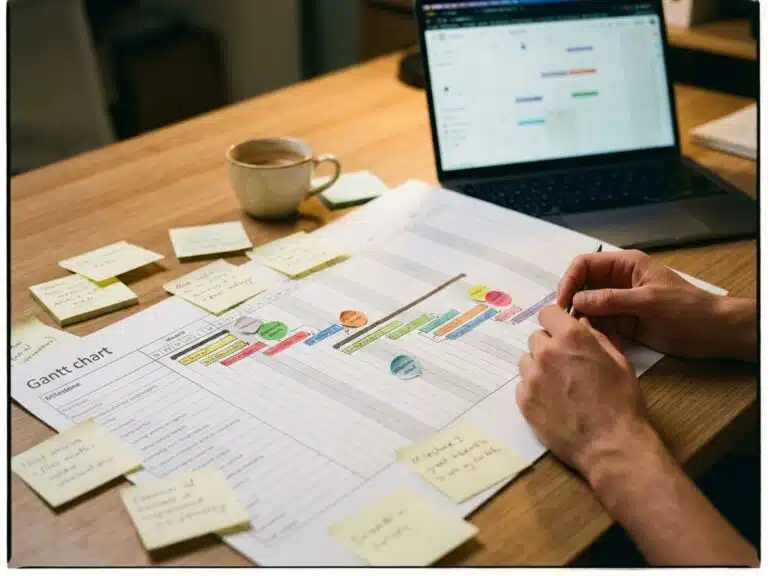 Projektmanager arbeitet an buntem Gantt-Diagramm auf Holzschreibtisch mit Laptop, Notizen und Kaffeetasse