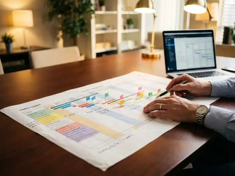 Projektmanager zeigt auf detailliertes Gantt-Diagramm mit Fortschrittsbalken auf Konferenztisch, Laptop mit Projektdaten