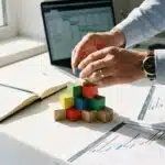 Projektmanager baut Turm aus bunten Holzklötzen am Schreibtisch mit Laptop und Planungsdokumenten im Hintergrund