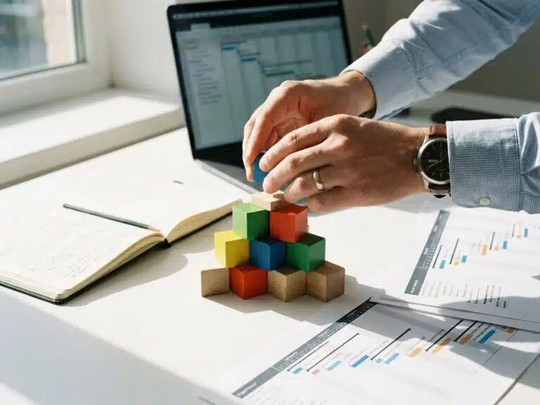 Projektmanager baut Turm aus bunten Holzklötzen am Schreibtisch mit Laptop und Planungsdokumenten im Hintergrund