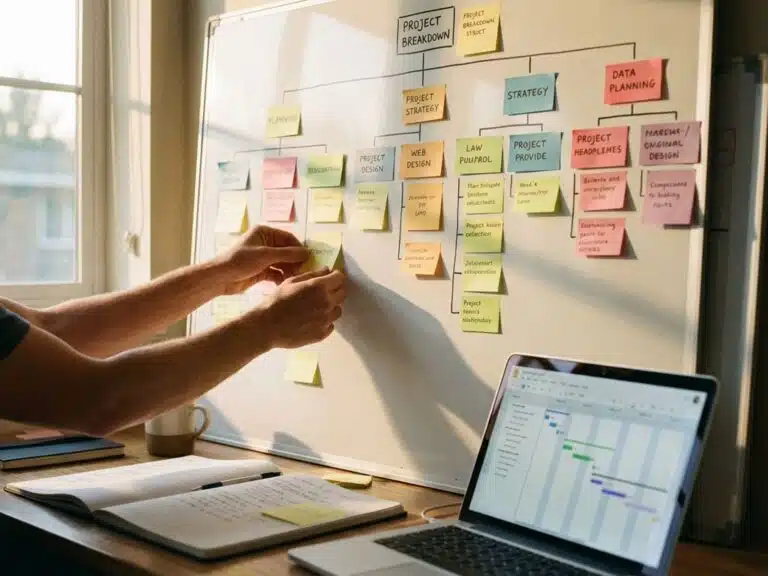 Projektmanager ordnet bunte Haftnotizen auf Whiteboard mit Projektstruktur, Laptop zeigt Gantt-Diagramme im Büro