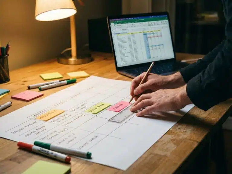 Professionelle Hände zeichnen Projektzeitplan mit Lineal auf Papier, bunte Notizen und Laptop auf Holzschreibtisch