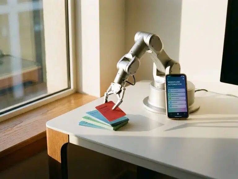Roboterarm organisiert bunte Aufgabenkarten auf weißem Schreibtisch, Smartphone mit Workflow-App daneben