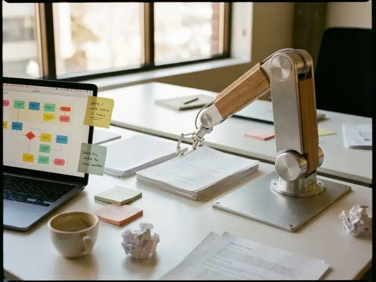 Roboterarm organisiert Projektdokumente auf modernem Büroschreibtisch neben Laptop mit Workflow-Diagrammen und Kaffeetasse