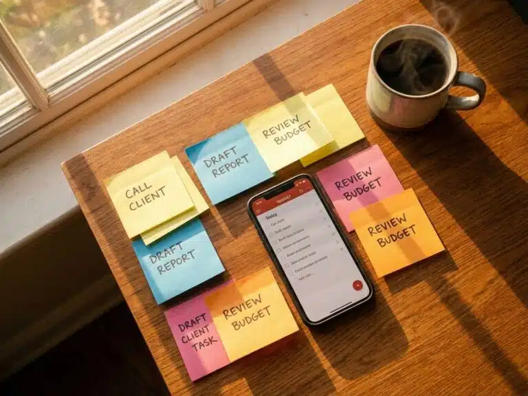 Organisierter Schreibtisch von oben mit bunten Haftnotizen, Smartphone mit Task-App und Kaffeetasse bei warmem Licht