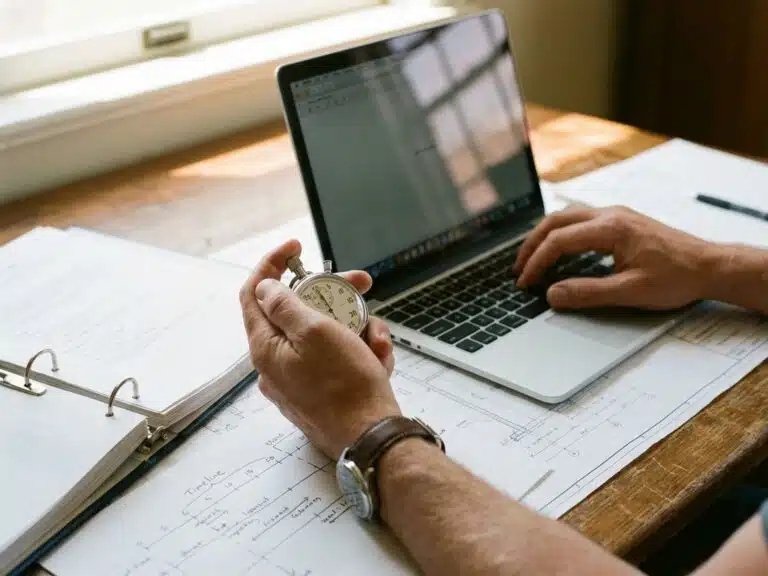 Professionelle Hände bedienen analoge Stoppuhr beim Tippen auf Laptop-Tastatur mit Projektdokumenten auf Holzschreibtisch