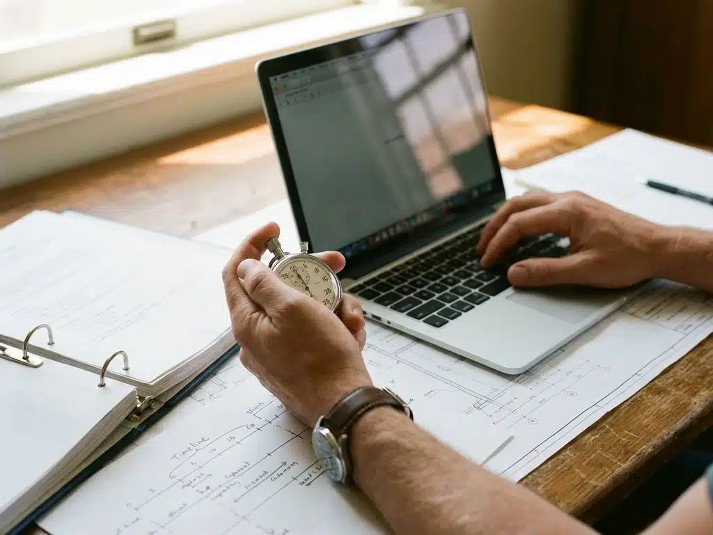 Professionelle Hände bedienen analoge Stoppuhr beim Tippen auf Laptop-Tastatur mit Projektdokumenten auf Holzschreibtisch