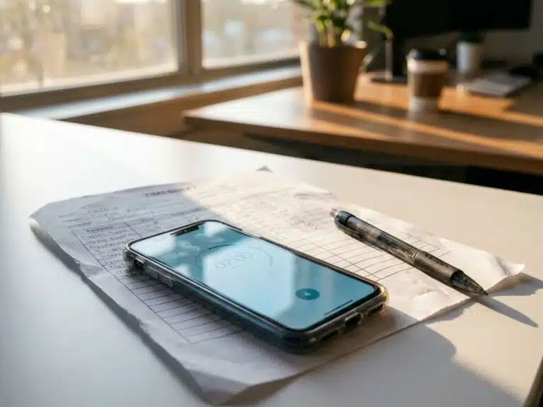 Smartphone mit Zeiterfassungs-App neben traditionellem Papier-Zeiterfassungsbogen auf weißem Büroschreibtisch