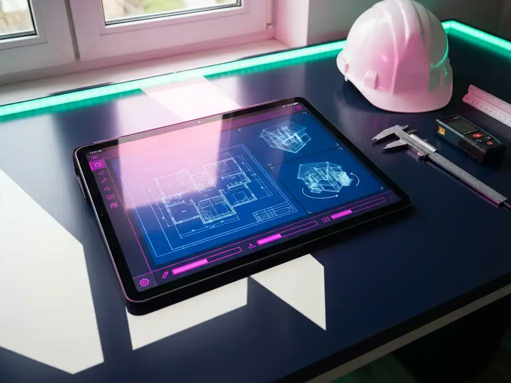 Tablet mit Bauplänen und 3D-Wireframes auf dunklem Schreibtisch, umgeben von Bauhelm und Messwerkzeugen im Büro