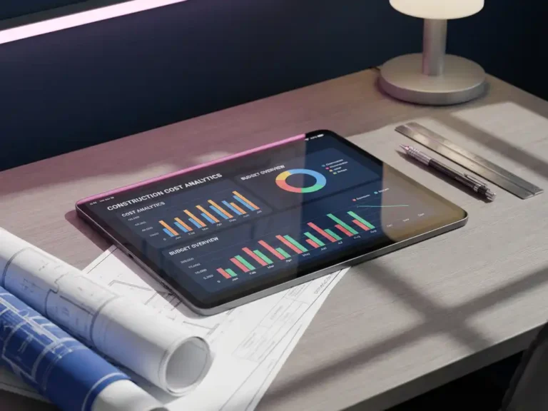 Tablet mit Baukostenanalyse und Budgetdiagrammen auf Schreibtisch mit Bauplänen, Lineal und Bleistift
