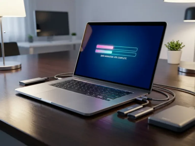 Moderner Laptop mit bunter Datenmigrations-Oberfläche, verbundene Kabel und externe Festplatten auf dunklem Schreibtisch