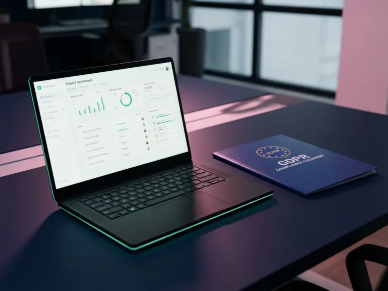 Laptop mit digitalem Projektmanagement-Dashboard neben DSGVO-Compliance-Ordner auf modernem Schreibtisch