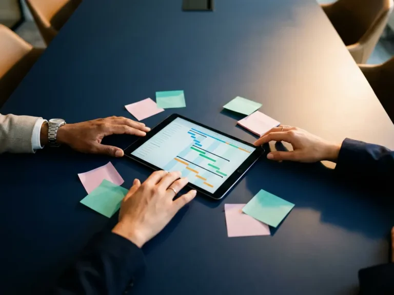 Drei Geschäftsleute greifen über modernen Konferenztisch zu Tablet mit Projektzeitplänen, bunte Haftnotizen rundherum