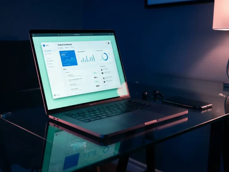 Laptop mit minimalistischem Dashboard auf Glasschreibtisch in modernem Homeoffice mit blauer Ambientebeleuchtung
