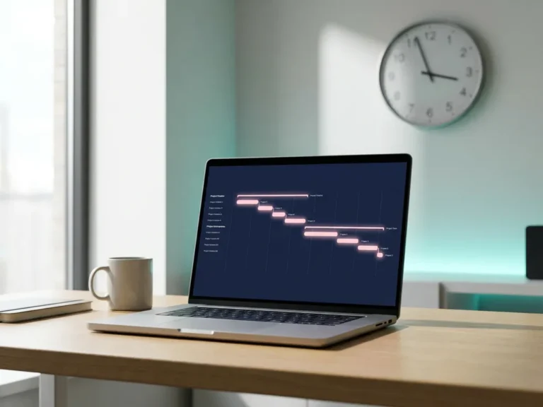 Moderner Laptop zeigt Projektzeitplan mit rosa Fortschrittsbalken auf dunklem Bildschirm, minimalistischer Schreibtisch
