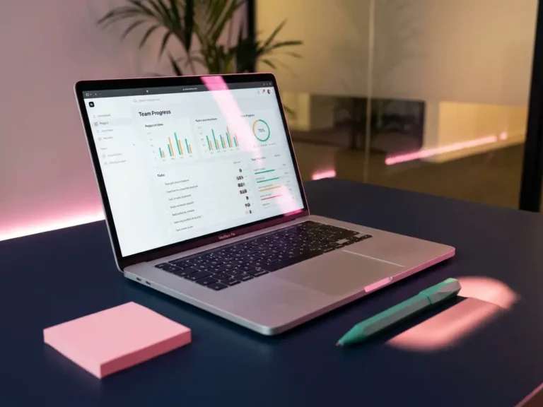 Moderner Laptop mit Projektmanagement-Dashboard auf dunklem Schreibtisch mit rosa Beleuchtung und Bürozubehör