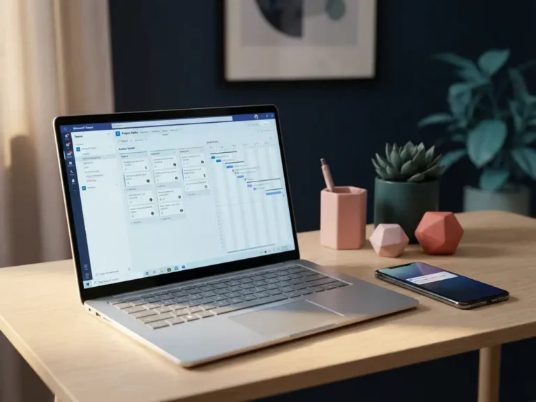 Laptop mit Microsoft Teams Interface zeigt Projektmanagement-Charts, Smartphone daneben, moderner Arbeitsplatz mit Pflanze