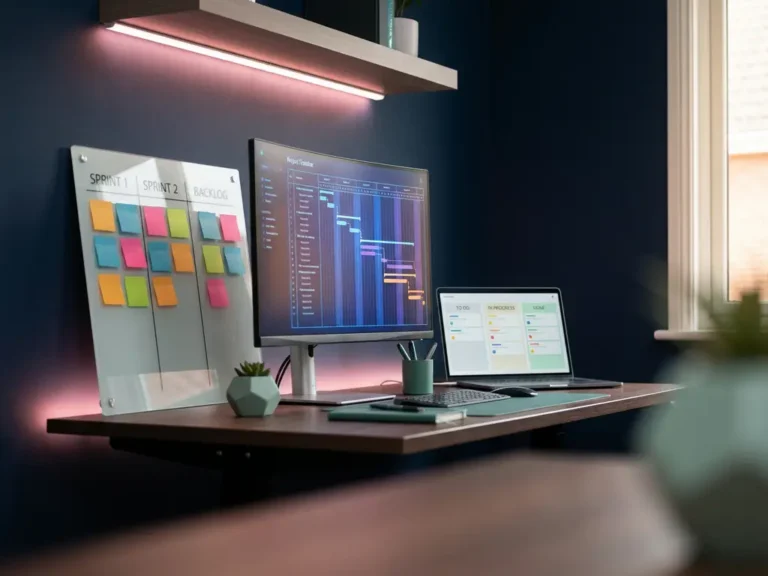 Moderner Arbeitsplatz mit Projektzeitleiste auf Monitor, Kanban-Board auf Laptop und organisierten Sprint-Notizen an Whiteboard