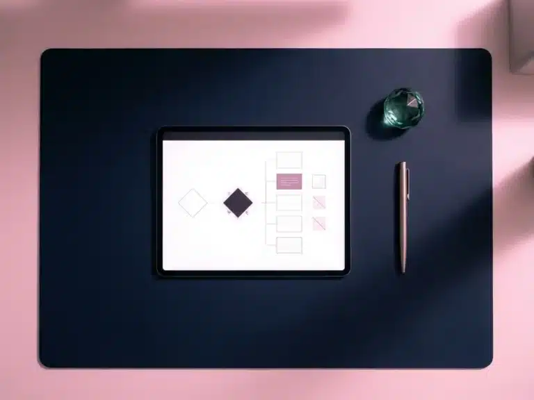 Tablet mit Workflow-Diagrammen auf marineblauem Schreibtisch, Metallstift und geometrischem Briefbeschwerer, rosa Akzentbeleuchtung