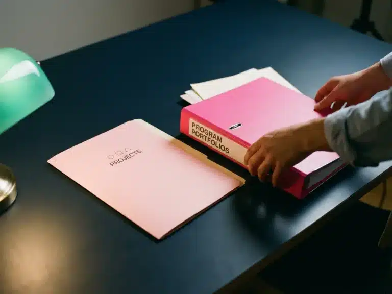 Professionelle Hände greifen nach dickem rosa Projektordner auf dunklem Schreibtisch neben dünnem Ordner