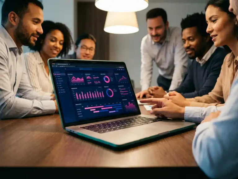 Laptop mit buntem Projektmanagement-Dashboard auf Konferenztisch, umgeben von Fachkräften bei Schulung