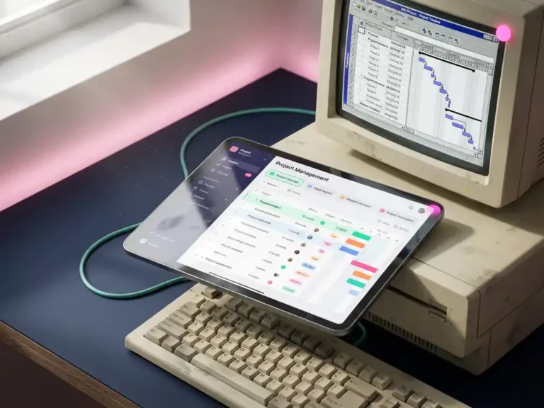 Modernes Tablet mit bunter Projektmanagement-Software auf altem Desktop-Computer mit veralteter MS Project-Anzeige