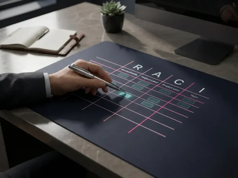 RACI-Matrix auf dunklem Schreibtisch mit Hand, die mit Silberstift auf Verantwortlichkeitszellen zeigt, rosa Akzente