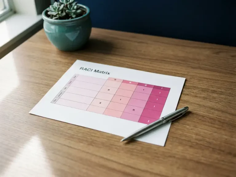 RACI-Matrix-Diagramm auf weißem Papier mit rosa und magenta Markierungen, silberner Stift, auf Holzschreibtisch