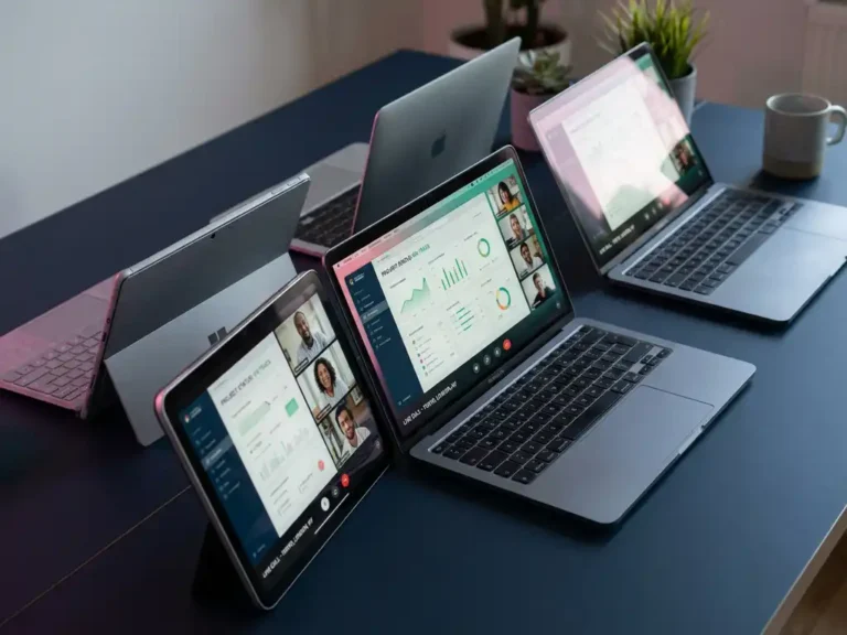 Moderne Arbeitsplätze mit Laptops und Tablets zeigen Projekt-Dashboards und Videoanrufe von Remote-Teams auf dunklem Schreibtisch
