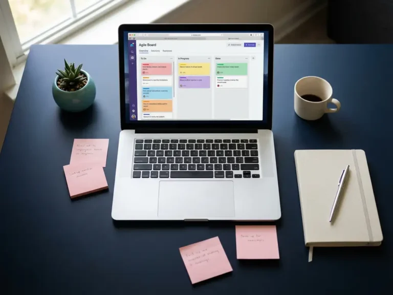 Scrum Master Arbeitsplatz mit Laptop zeigt Agile Sprint Boards, Notizbuch, rosa Haftnotizen auf dunkelblauem Schreibtisch
