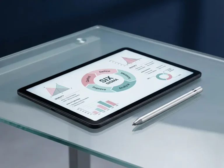 Tablet mit Six Sigma Prozessdiagramm und Qualitätsmetriken auf Glastisch, Stylus daneben, professionelle Arbeitsumgebung