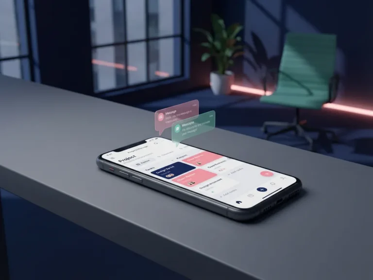 Smartphone mit Projektmanagement-App auf minimalistischem Schreibtisch in modernem Büro mit blauen und rosa Akzenten