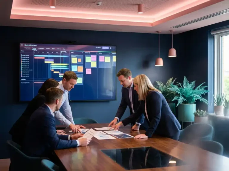 Fachkräfte bei Sprint-Review-Meeting in modernem Konferenzraum mit digitalem Display und Projekt-Zeitplänen