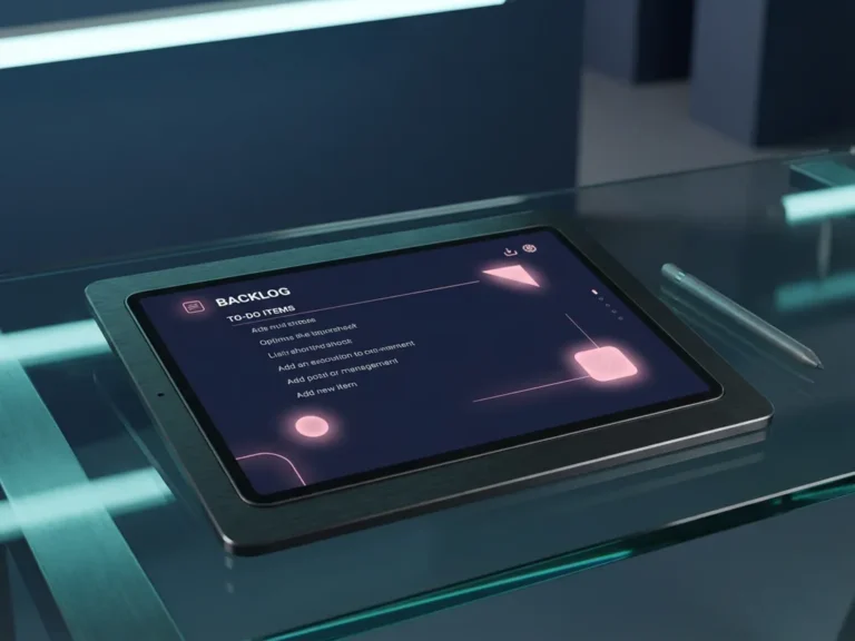 Modernes Tablet mit minimalistischer Backlog-Software auf Glasschreibtisch, Stylus daneben, professionelle Arbeitsplatzbeleuchtung