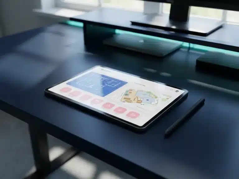 Tablet mit digitaler Baustellen-Layout-Software auf dunkler Oberfläche, rosa Interface-Elemente, Stylus daneben