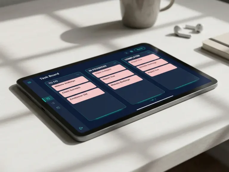 Modernes Tablet mit digitaler Projektmanagement-App zeigt rosa Aufgabenkarten in Spalten auf dunklem Interface