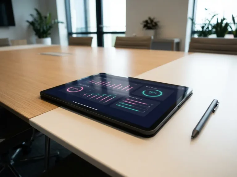 Tablet mit bunten Fortschrittsdiagrammen und Metriken auf Konferenztisch, Stift daneben, heller Meetingraum im Hintergrund