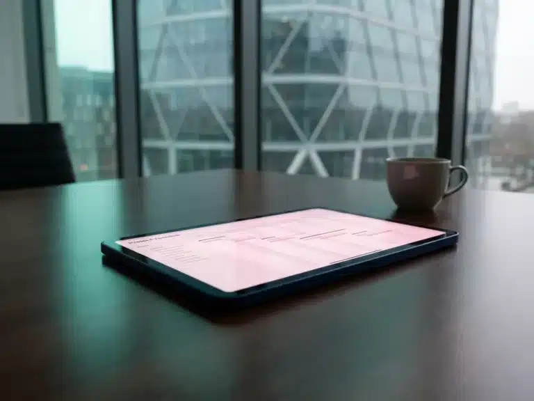 Modernes Tablet mit digitalem Projektzeitplan auf Schreibtisch, Bürogebäude im Hintergrund, minimaler Arbeitsplatz