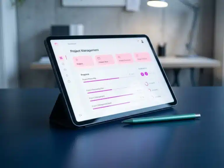 Modernes Tablet mit Projektmanagement-Dashboard auf dunklem Schreibtisch, rosa Interface-Elemente und türkiser Stift