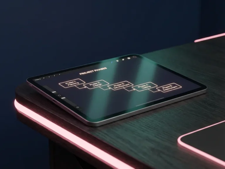 Modernes Tablet zeigt Wasserfall-Diagramm mit Projektphasen auf minimalistischem Schreibtisch mit rosa Akzentbeleuchtung