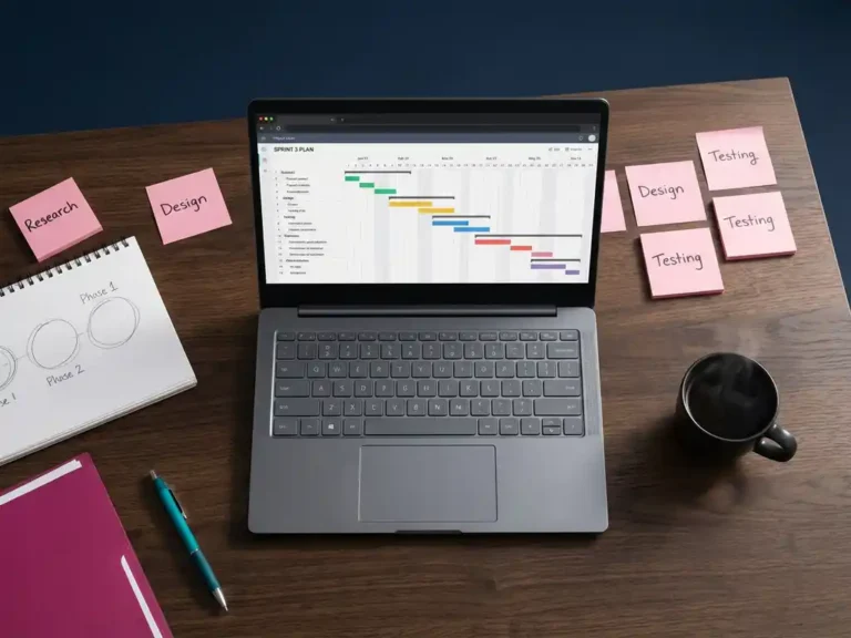 Moderner Arbeitsplatz von oben mit Laptop, digitaler Projektzeitplan, rosa Haftnotizen und Kaffeetasse auf dunklem Schreibtisch