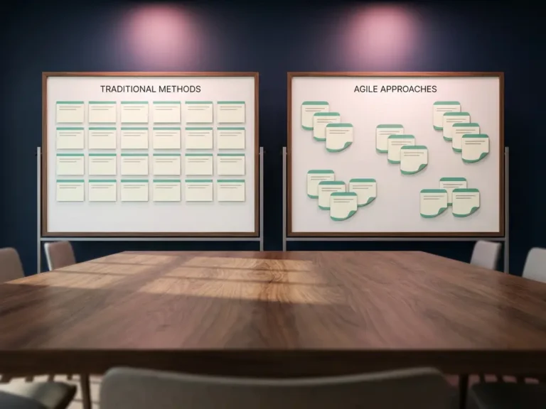 Holztisch mit zwei Projektboards: links traditionelle Haftnotizen in Reihen, rechts agile Workflow-Karten in organischen Clustern