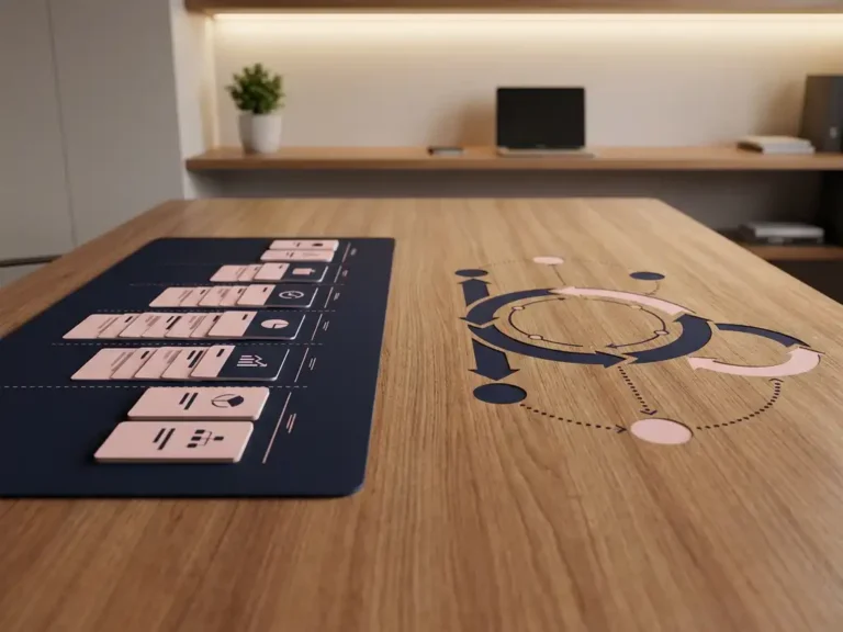 Holzschreibtisch mit linearem Sprint-Board und kreisförmigem Agile-Framework-Diagramm in navy-blau und rosa Tönen