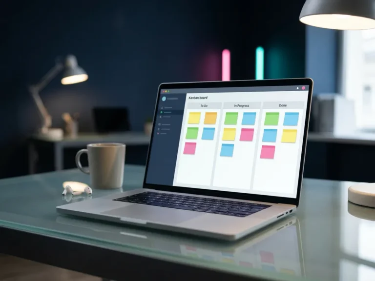Laptop mit bunten Haftnotizen in Sprint-Spalten auf Glasschreibtisch in modernem Büro mit sanfter Beleuchtung