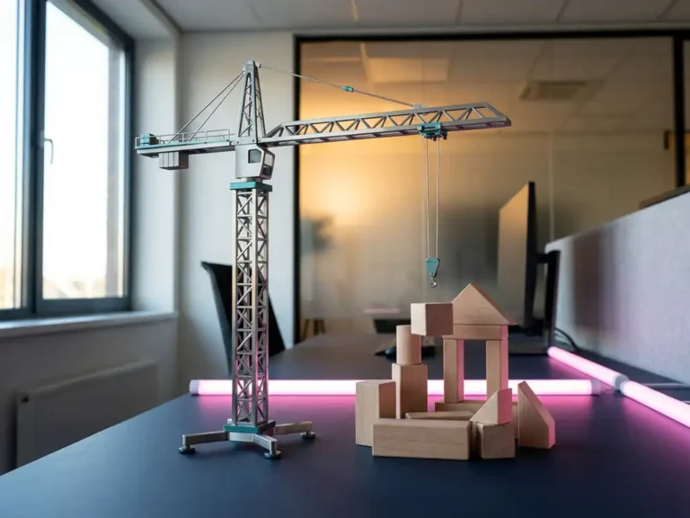 Moderner Baukran aus gebürstetem Stahl auf dunklem Schreibtisch mit geometrischen Bauklötzen und rosa Akzentbeleuchtung