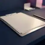 Metallisches Klemmbrett mit Compliance-Dokumenten auf dunklem Schreibtisch, geometrische Muster, professionelle Beleuchtung