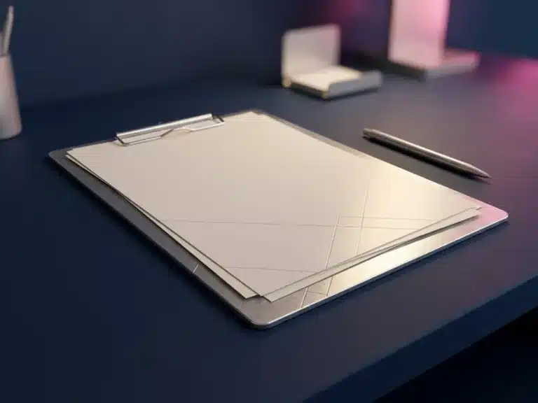 Metallisches Klemmbrett mit Compliance-Dokumenten auf dunklem Schreibtisch, geometrische Muster, professionelle Beleuchtung