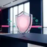 Durchsichtiger Glasschild auf dunklem Schreibtisch mit rosa Innenlicht und schwebenden türkisen Projektelementen im modernen Büro