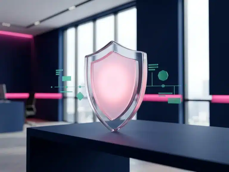 Durchsichtiger Glasschild auf dunklem Schreibtisch mit rosa Innenlicht und schwebenden türkisen Projektelementen im modernen Büro